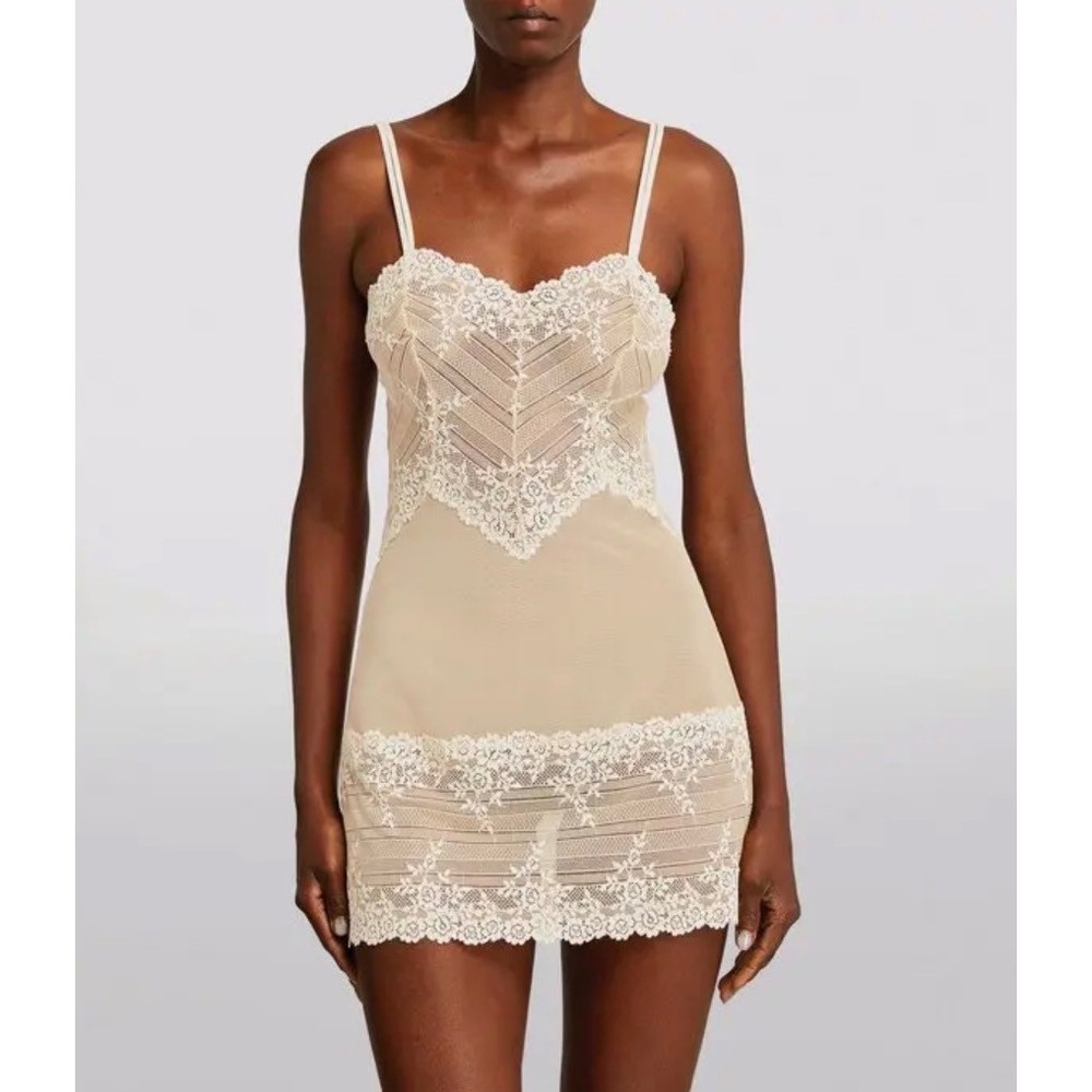 Wacoal Nude Ivory Lace Chemise Slip Dress Sheer Floral Lingerie M Romantic Bride